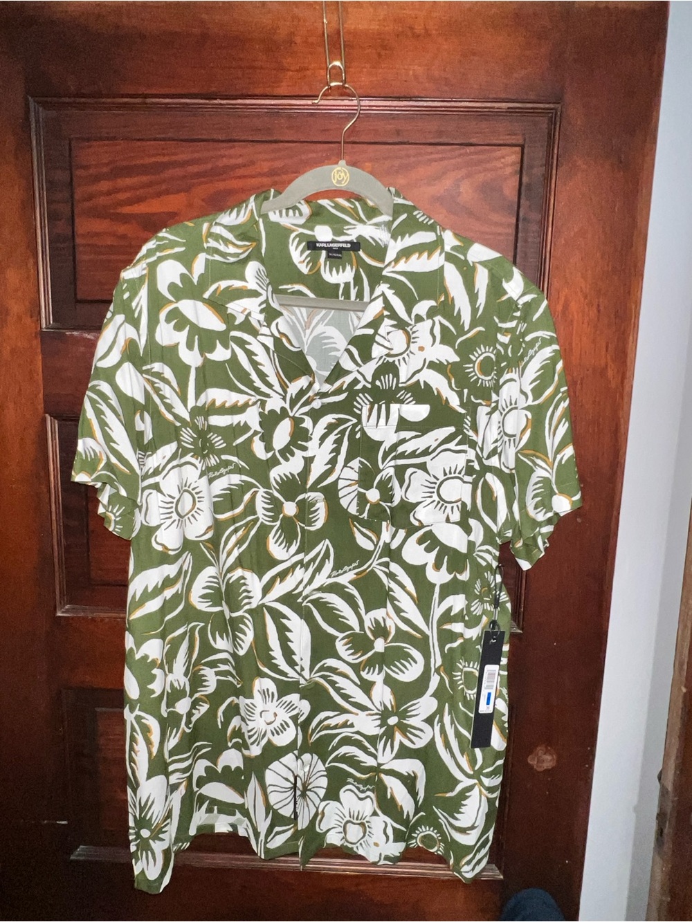 Karl Lagerfeld Olive Green and White Floral Camp Shirt